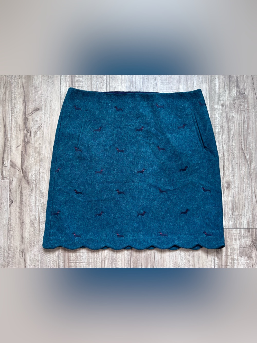 Talbots teal wool blend pencil skirt dachshund dog print scalloped hem fall